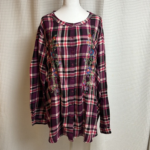🌸The Pioneer Woman🌸 Embroidered Flannel top, Long Sleeve Button front ~ XXXXL - Picture 2 of 11